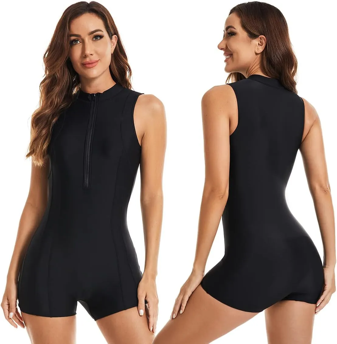 LafyKoly Women's One Piece Sleeveless Swimsuit Athletic Printed Zipper Surfing Monokini Swimwear Bathing Suit