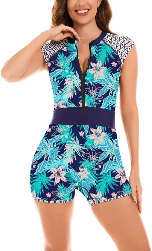LafyKoly Women's One Piece Sleeveless Swimsuit Athletic Printed Zipper Surfing Monokini Swimwear Bathing Suit