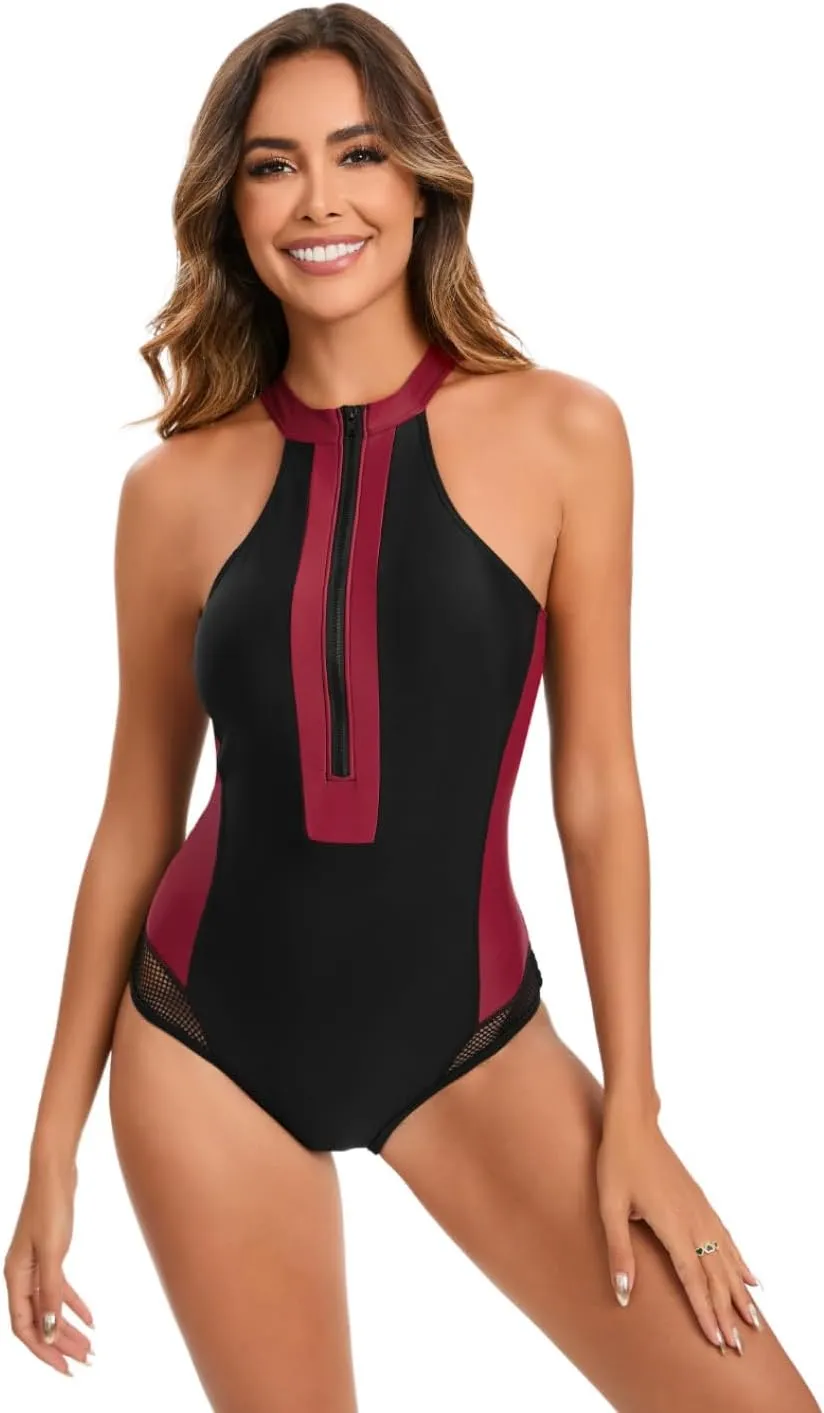 LafyKoly Women's One Piece Sleeveless Swimsuit Athletic Printed Zipper Surfing Monokini Swimwear Bathing Suit