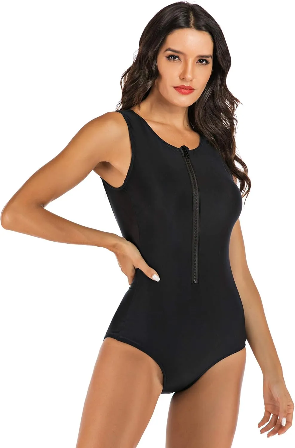 LafyKoly Women's One Piece Sleeveless Swimsuit Athletic Printed Zipper Surfing Monokini Swimwear Bathing Suit
