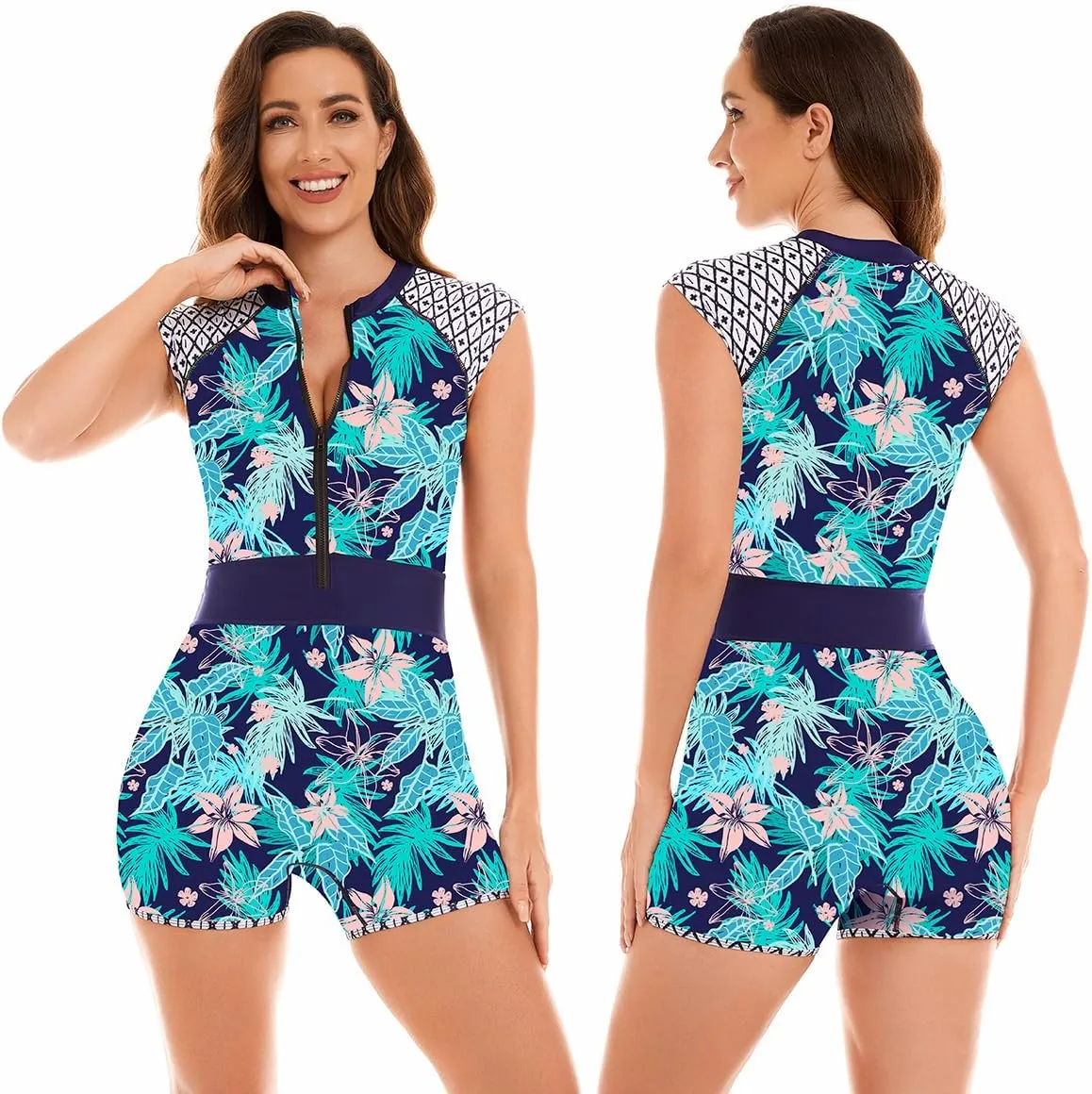 LafyKoly Women's One Piece Sleeveless Swimsuit Athletic Printed Zipper Surfing Monokini Swimwear Bathing Suit