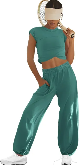 LAMISSCHE Womens Loungewear Set 2 Piece Outfits Sets Cropped Tops and Wide Leg Pants with Pockets Tracksuit