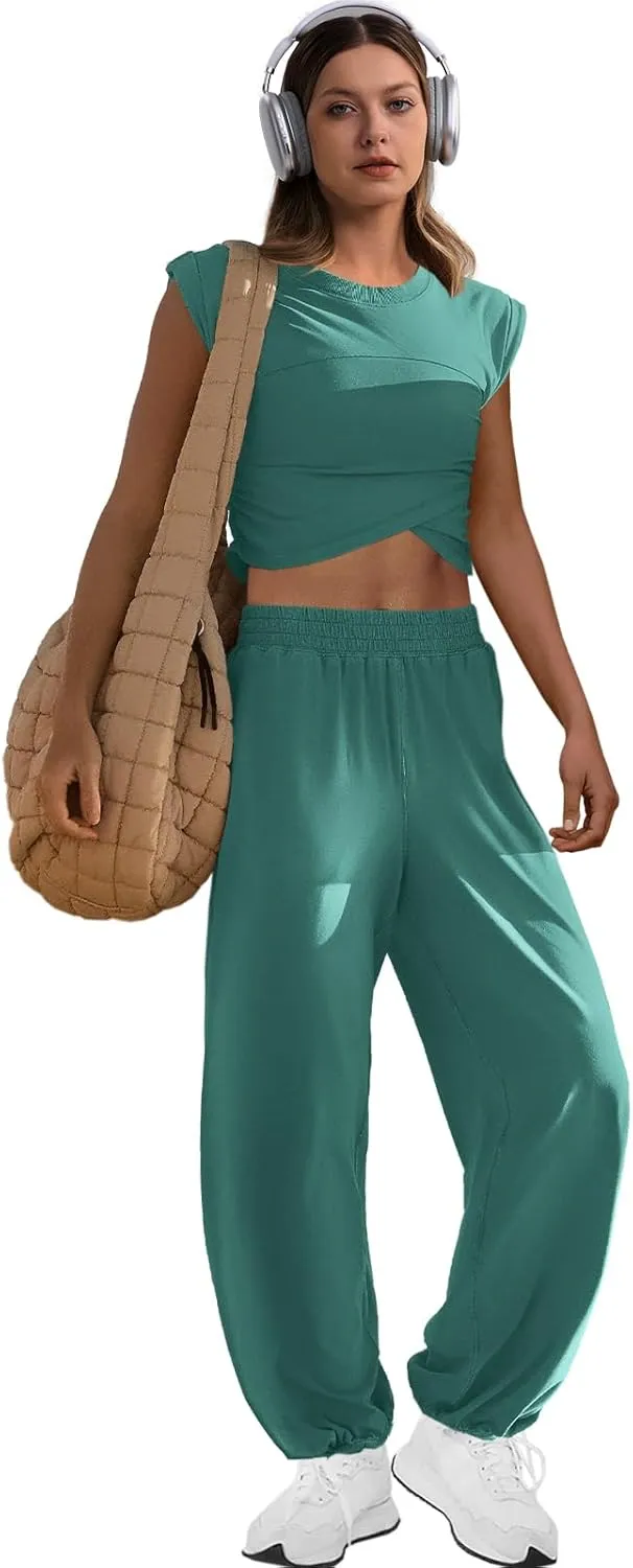 LAMISSCHE Womens Loungewear Set 2 Piece Outfits Sets Cropped Tops and Wide Leg Pants with Pockets Tracksuit