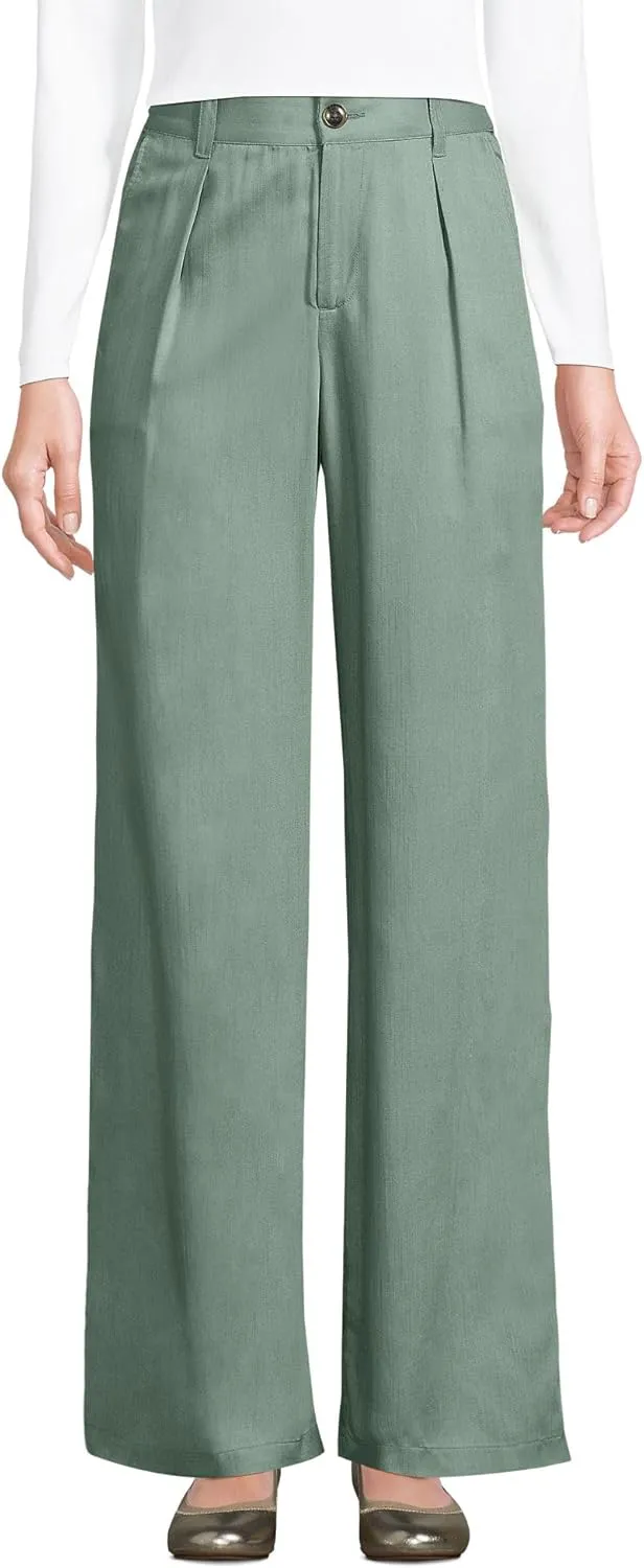 Lands' End Women's High Rise Elastic Back Pleated Wide Leg Pants Made with Tencel Fibers