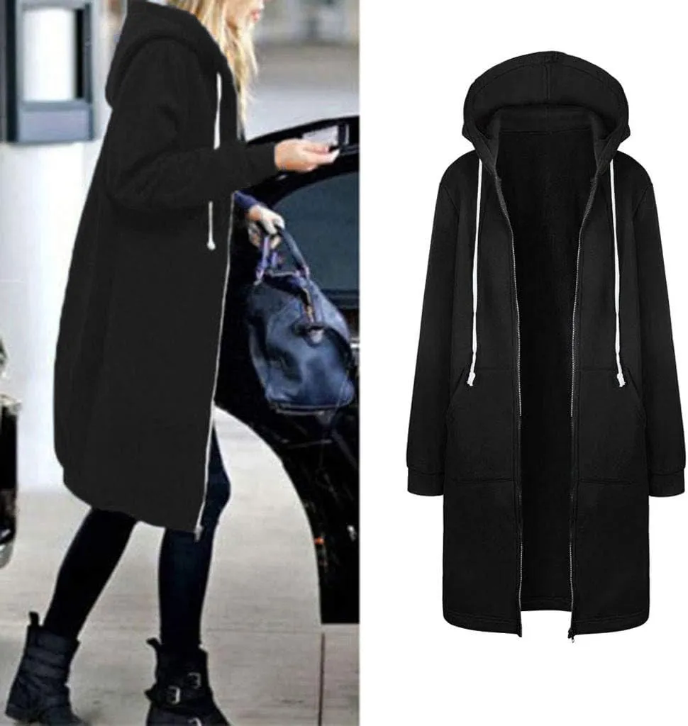 Lapel Collar Zipper Hoodies Sweatshirt Warm Long Solid Color Pocket Coat Jacket Causal Fashion Single-Breasted