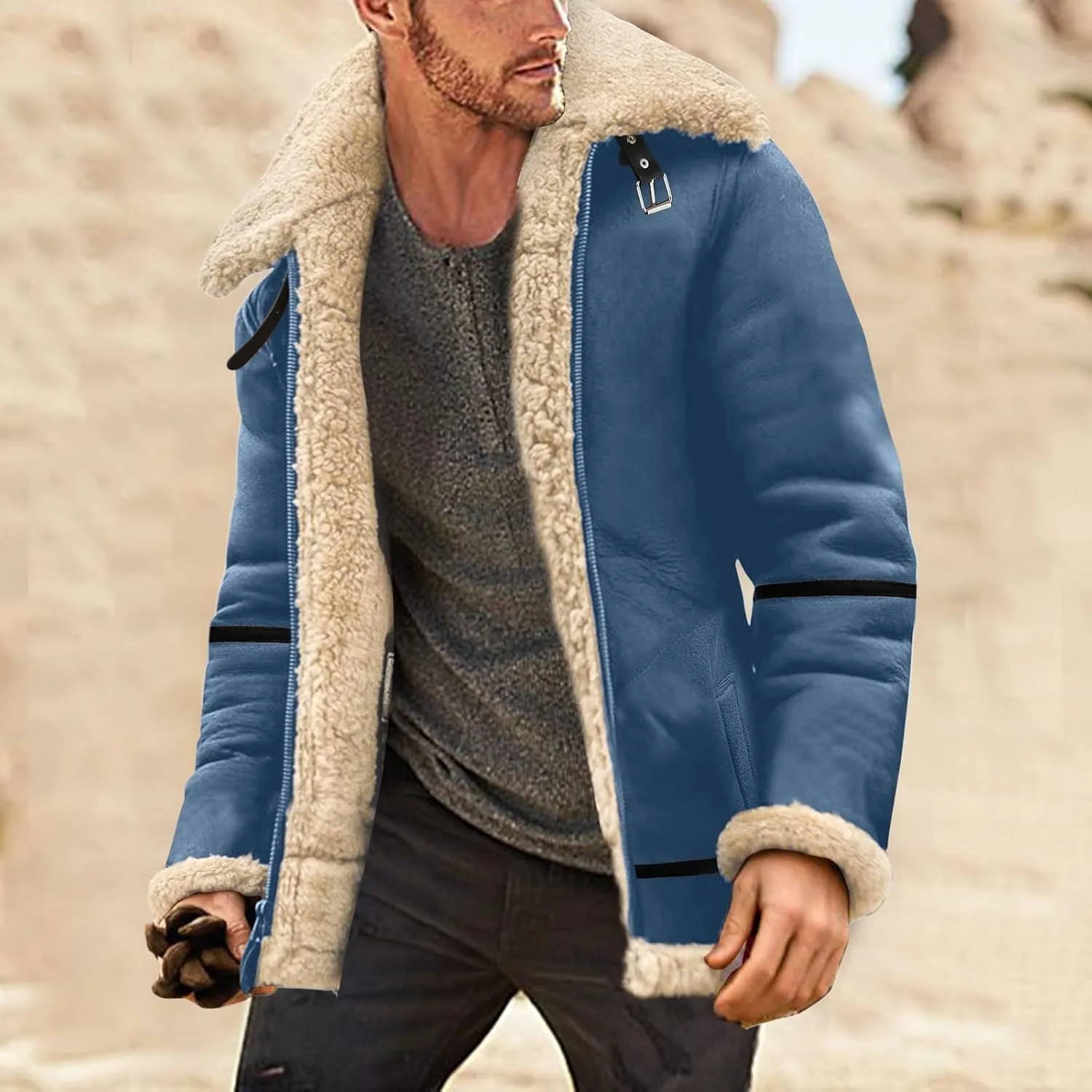 LCMTWX Men's Winter Thickened Warm Coats Solid Color Lapel Long Sleeve Coat Cardigan Plush Long Coat Mens Winter Coats