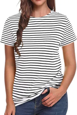 LilyCoco Women's Short Sleeve Striped Shirt Summer Crewneck T Shirt Basic Tops