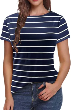 LilyCoco Women's Short Sleeve Striped Shirt Summer Crewneck T Shirt Basic Tops