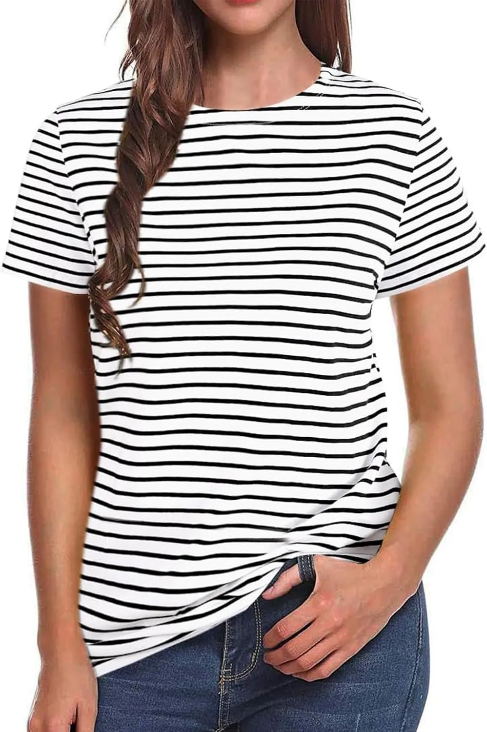LilyCoco Women's Short Sleeve Striped Shirt Summer Crewneck T Shirt Basic Tops