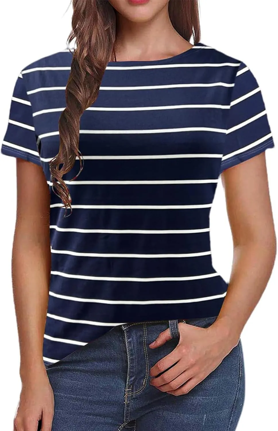 LilyCoco Women's Short Sleeve Striped Shirt Summer Crewneck T Shirt Basic Tops