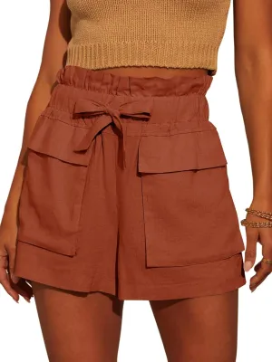 Linen Shorts for Women Ruffled High Waisted Shorts Casual Wide Leg Utility Shorts Summer Shorts with Pockets