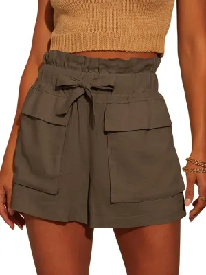 Linen Shorts for Women Ruffled High Waisted Shorts Casual Wide Leg Utility Shorts Summer Shorts with Pockets