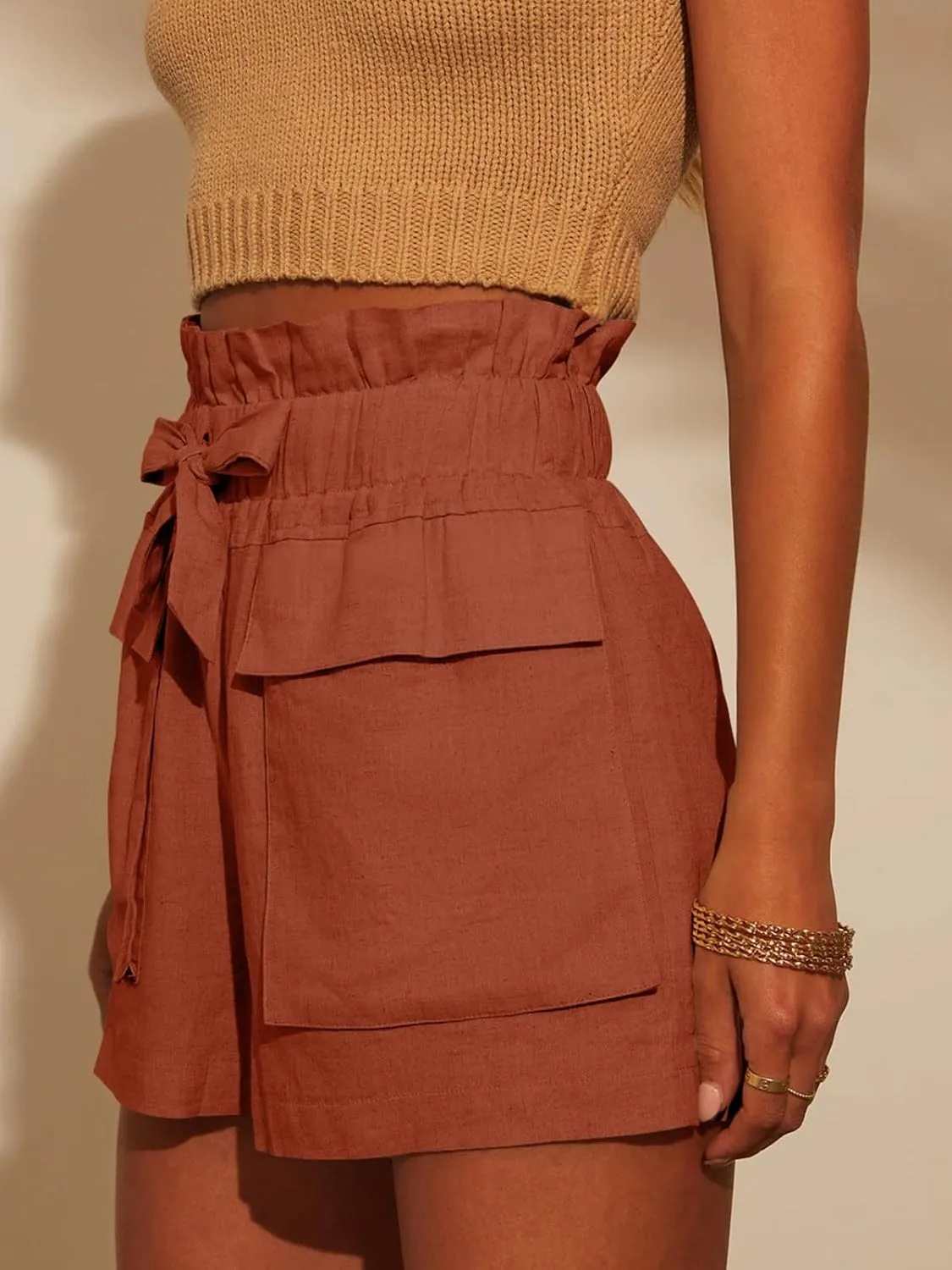 Linen Shorts for Women Ruffled High Waisted Shorts Casual Wide Leg Utility Shorts Summer Shorts with Pockets