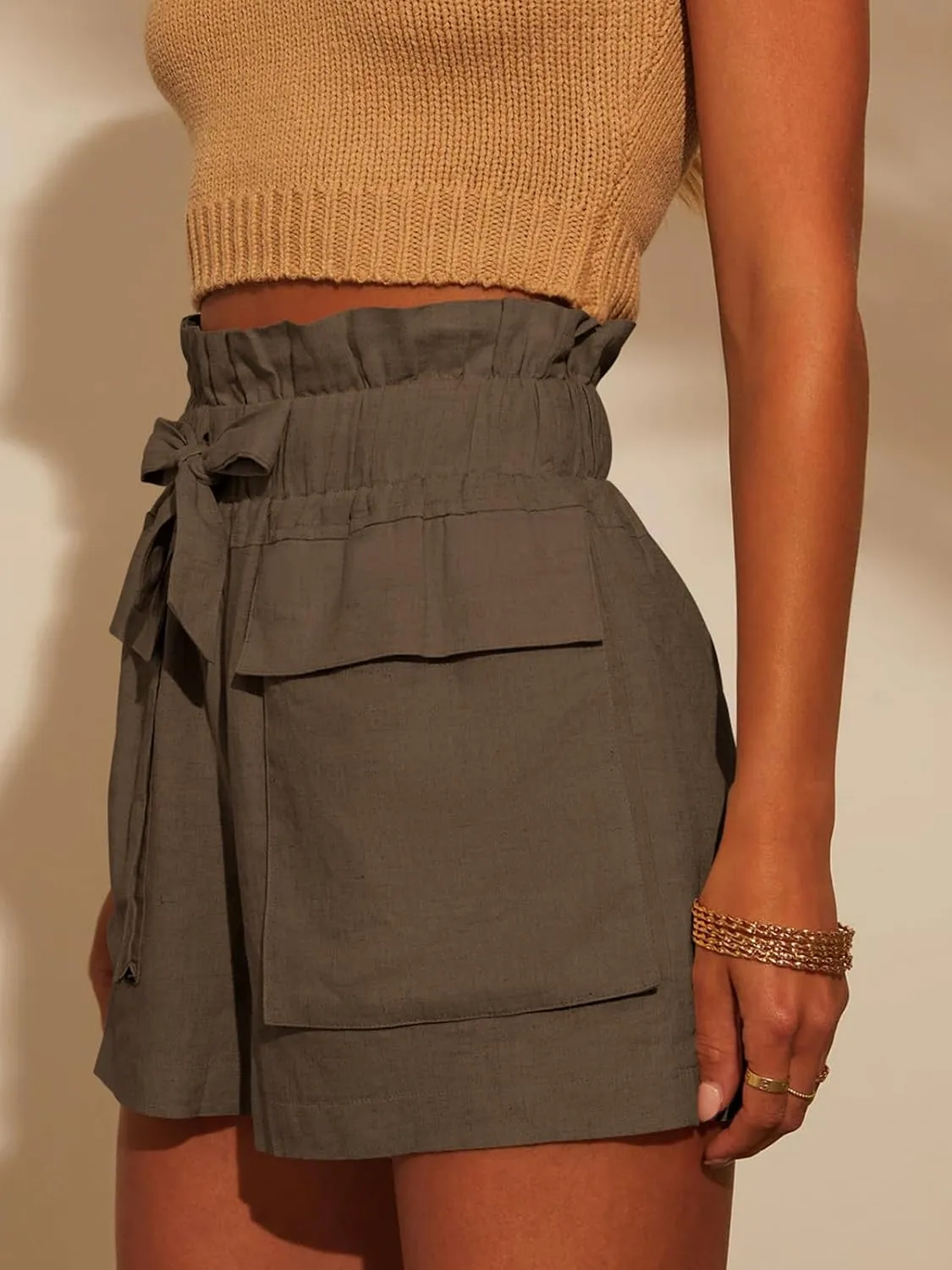 Linen Shorts for Women Ruffled High Waisted Shorts Casual Wide Leg Utility Shorts Summer Shorts with Pockets