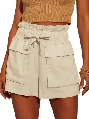 Linen Shorts for Women Ruffled High Waisted Shorts Casual Wide Leg Utility Shorts Summer Shorts with Pockets