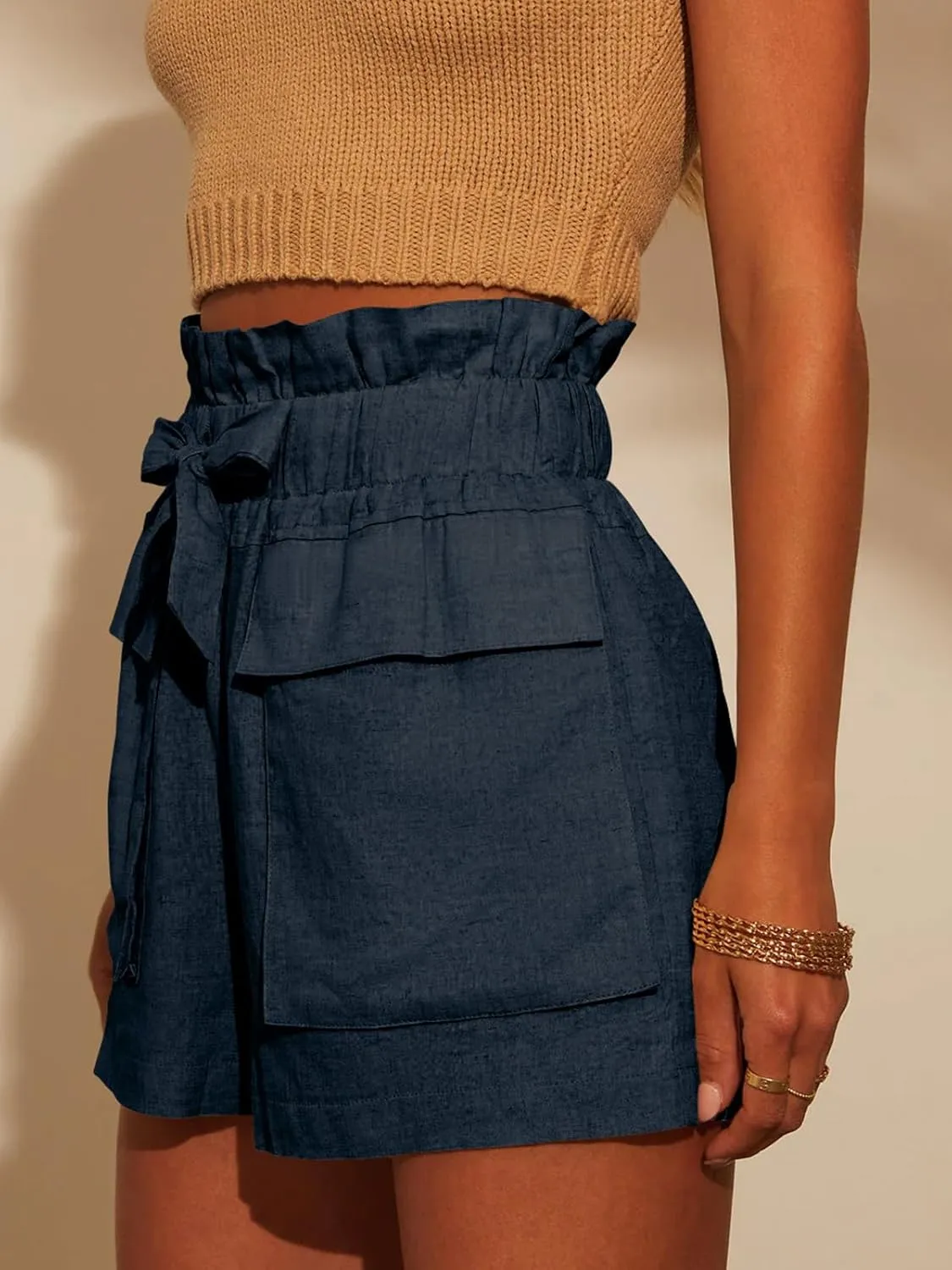 Linen Shorts for Women Ruffled High Waisted Shorts Casual Wide Leg Utility Shorts Summer Shorts with Pockets