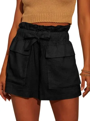 Linen Shorts for Women Ruffled High Waisted Shorts Casual Wide Leg Utility Shorts Summer Shorts with Pockets