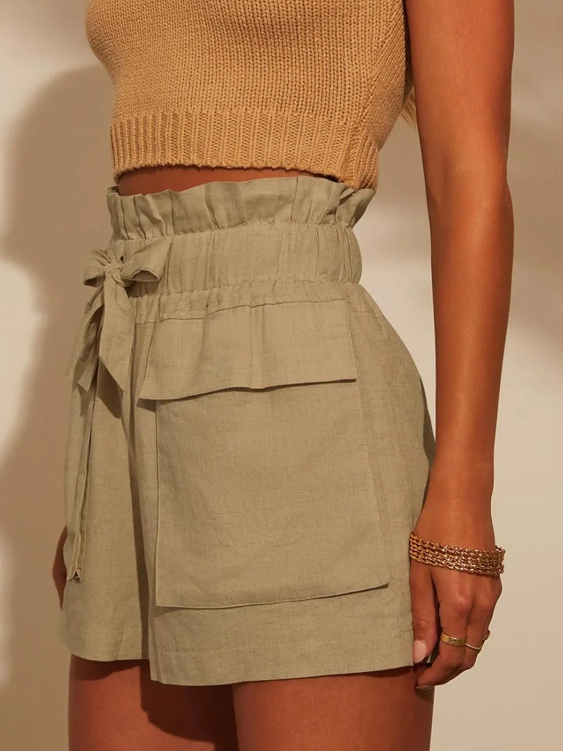 Linen Shorts for Women Ruffled High Waisted Shorts Casual Wide Leg Utility Shorts Summer Shorts with Pockets
