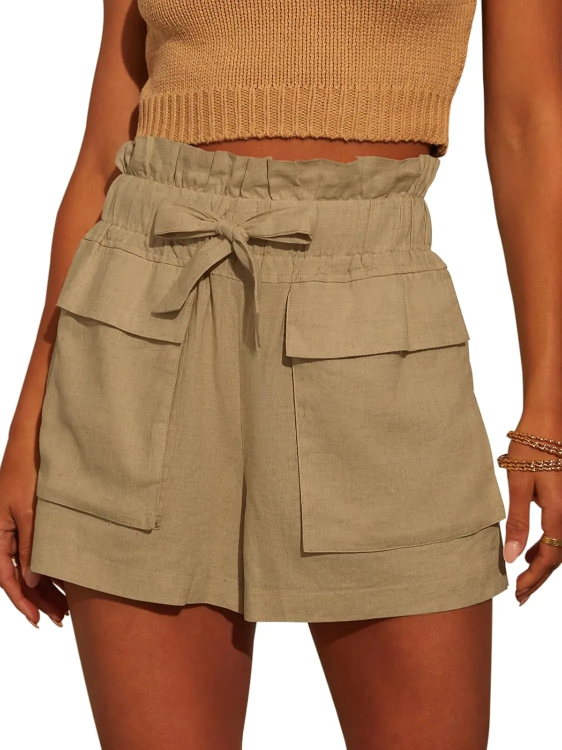 Linen Shorts for Women Ruffled High Waisted Shorts Casual Wide Leg Utility Shorts Summer Shorts with Pockets