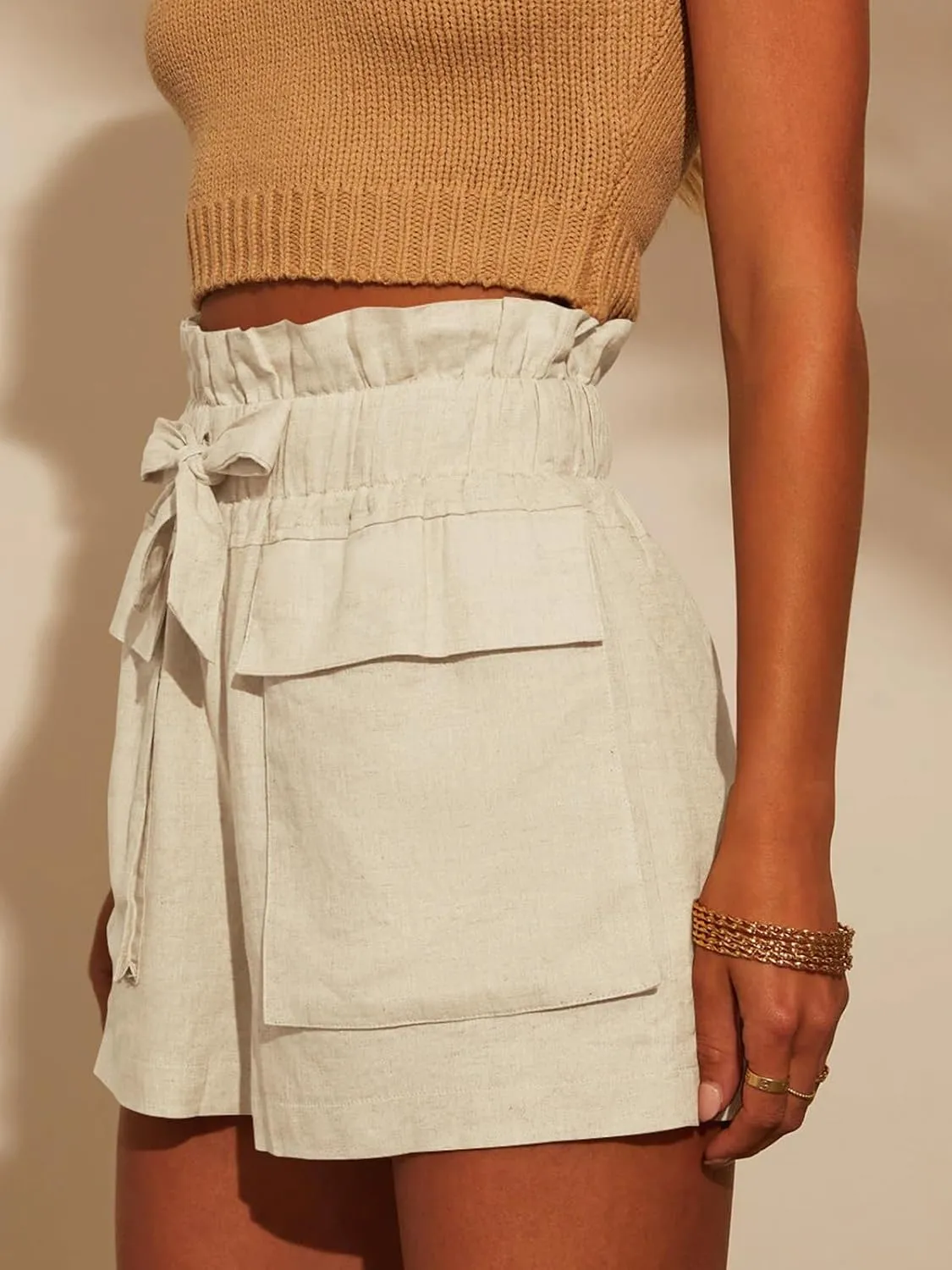 Linen Shorts for Women Ruffled High Waisted Shorts Casual Wide Leg Utility Shorts Summer Shorts with Pockets