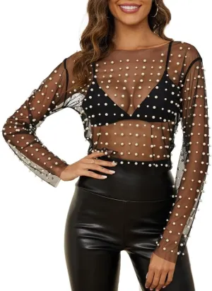 LOFAAC Women Sexy See Through Pearl Rhinestone Beaded Crop Top Y2K Long Sleeve Sheer Mesh Crop Blouse Shirt Clubwear 90s