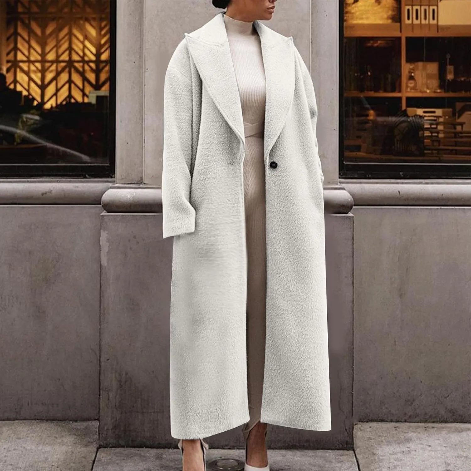 Long Jackets for Women Single Breasted Wool Pea Trench Coats Open Front Knitted Sweater Classic Lapel Solid Overcoat