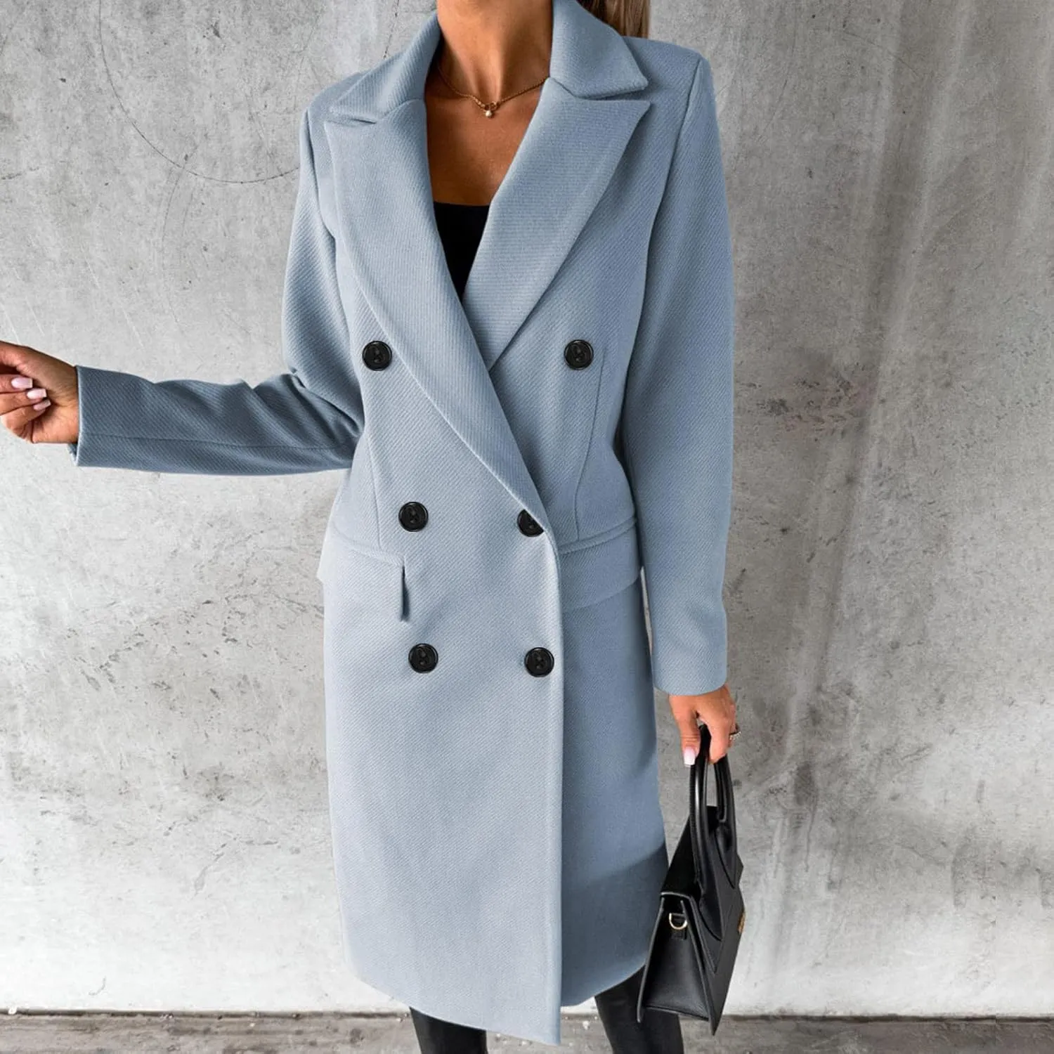 Long Trench Coat for Women Casual Double Breasted Midi Long Wool Pea Coat Notch Lapel Winter Trench Coat
