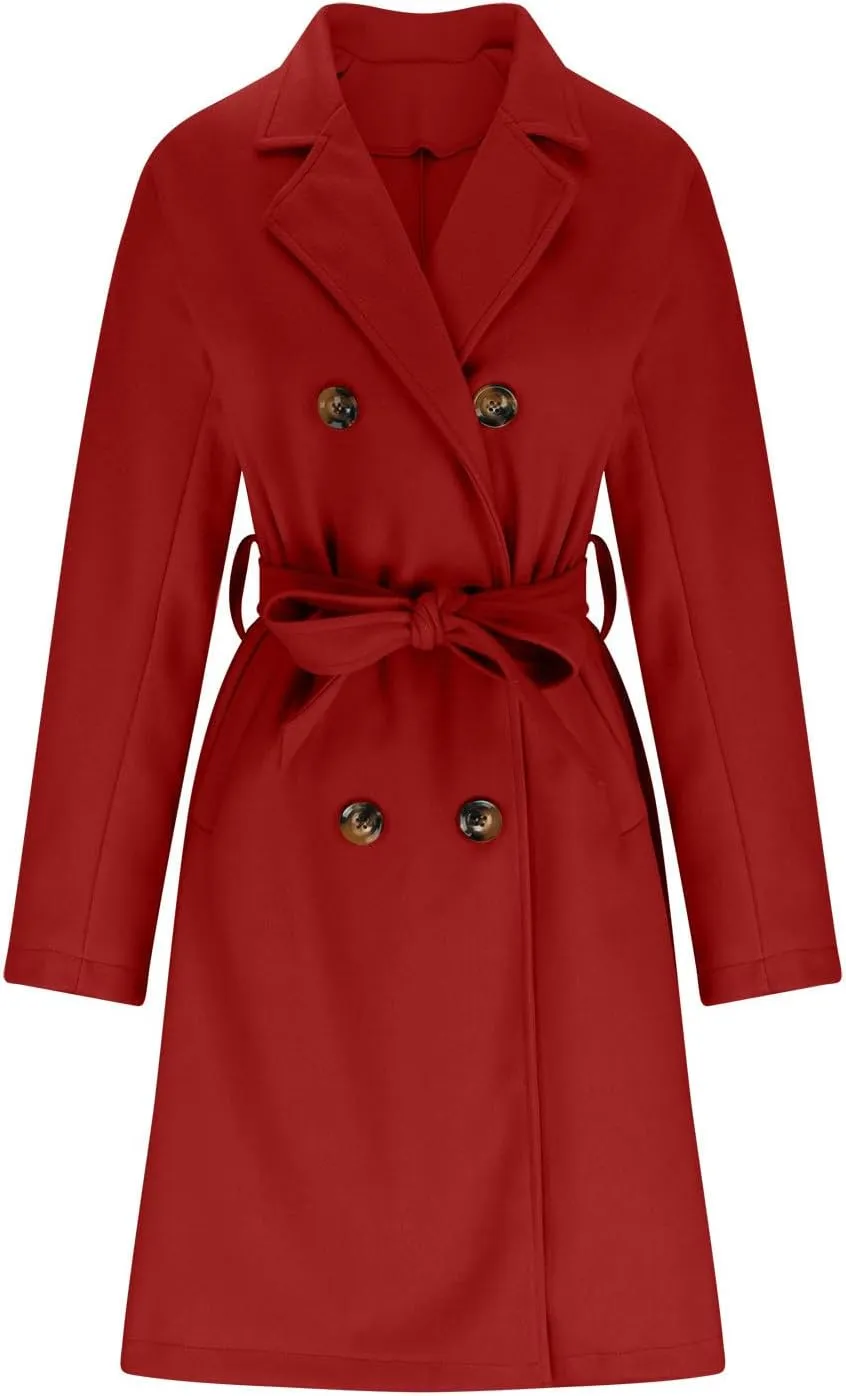 Long Trench Coat for Women Casual Double Breasted Midi Long Wool Pea Coat Notch Lapel Winter Trench Coat