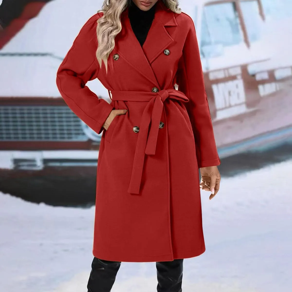 Long Trench Coat for Women Casual Double Breasted Midi Long Wool Pea Coat Notch Lapel Winter Trench Coat