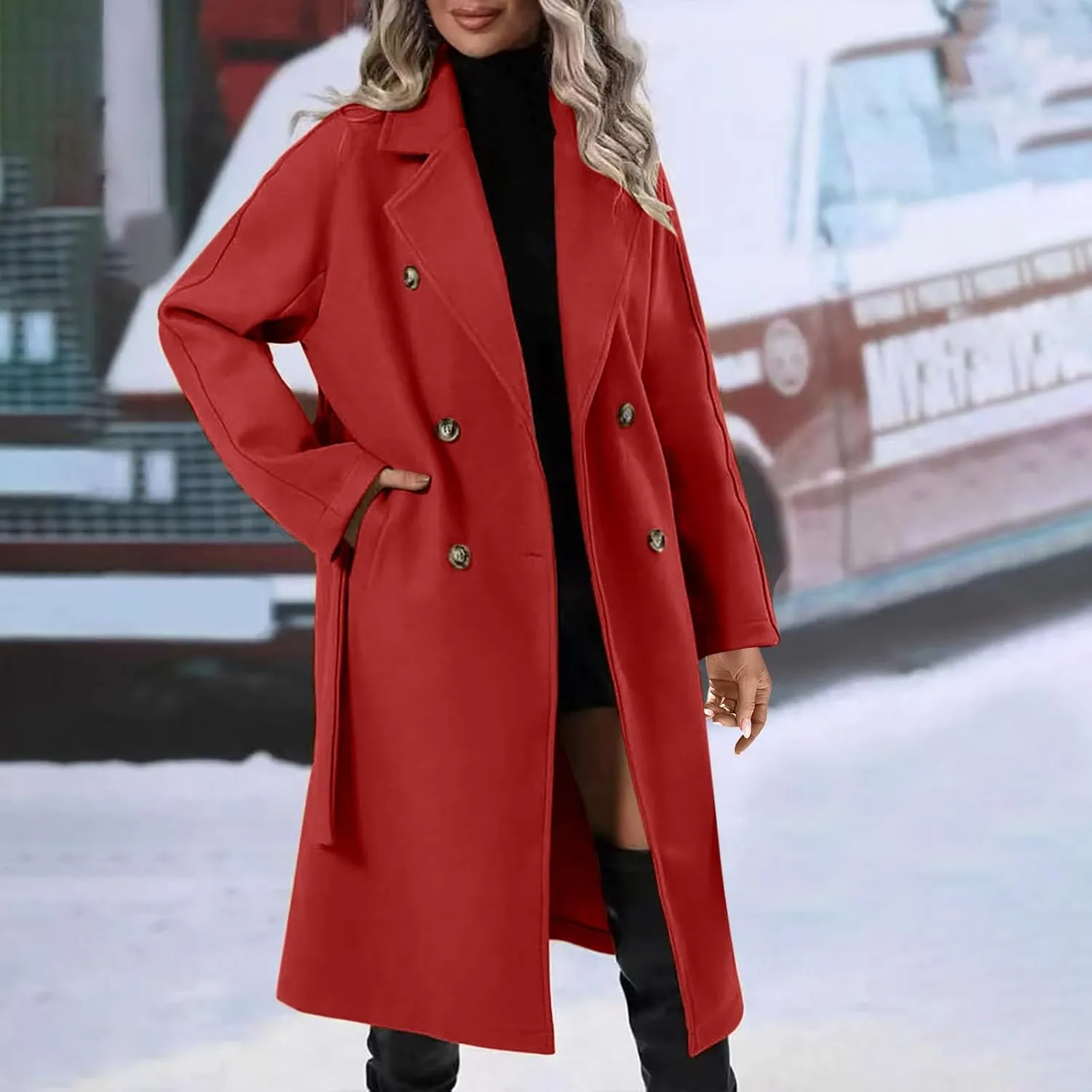 Long Trench Coat for Women Casual Double Breasted Midi Long Wool Pea Coat Notch Lapel Winter Trench Coat