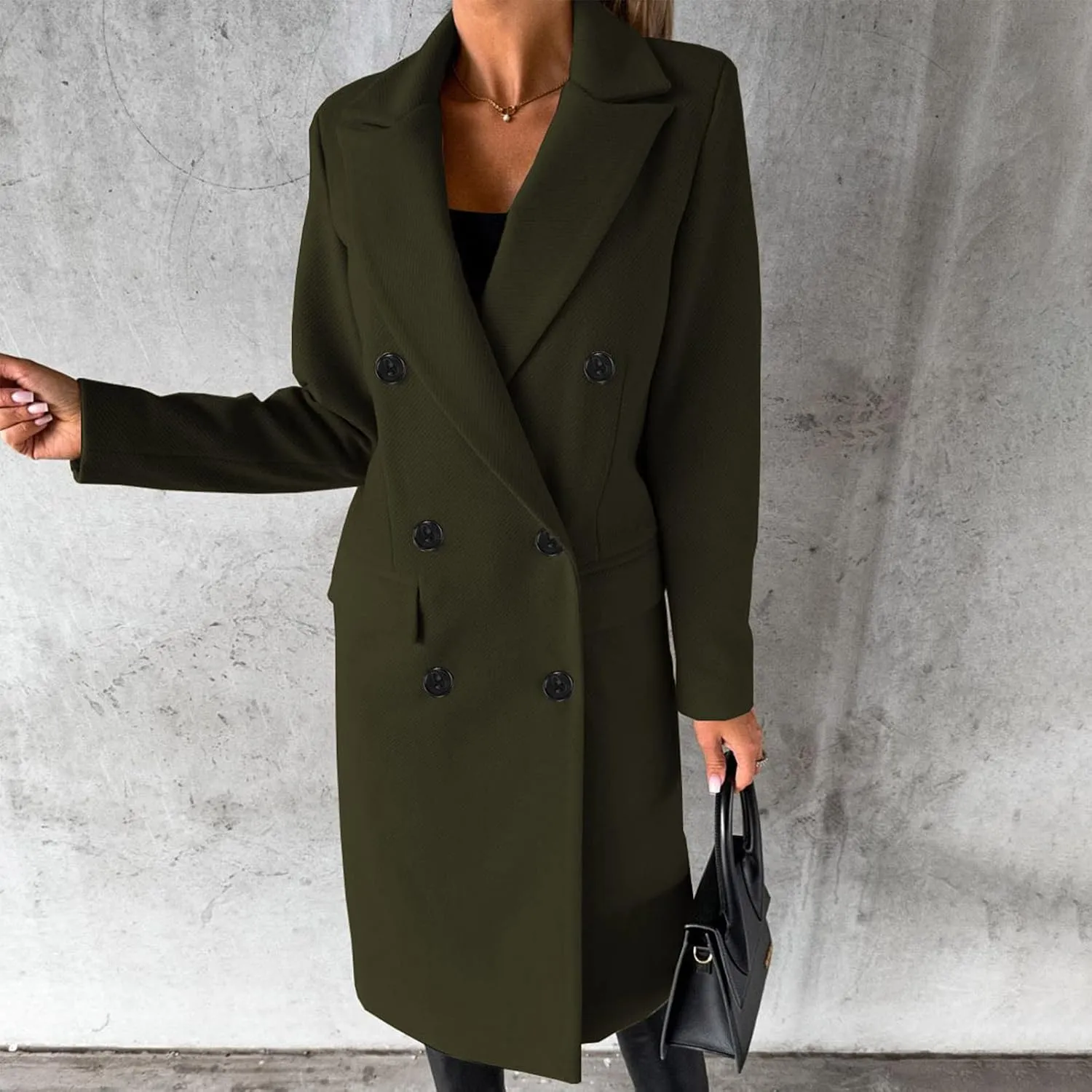 Long Trench Coat for Women Casual Double Breasted Midi Long Wool Pea Coat Notch Lapel Winter Trench Coat