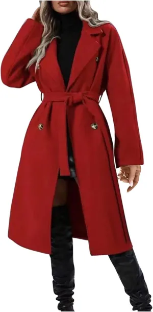 Long Trench Coat for Women Casual Double Breasted Midi Long Wool Pea Coat Notch Lapel Winter Trench Coat
