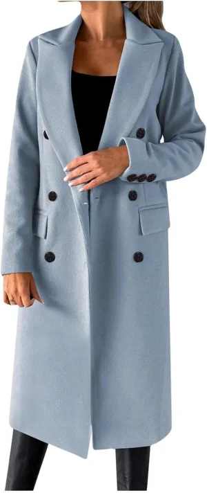 Long Trench Coat for Women Casual Double Breasted Midi Long Wool Pea Coat Notch Lapel Winter Trench Coat