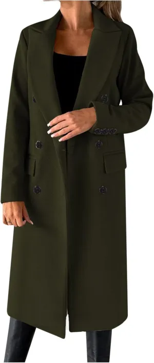 Long Trench Coat for Women Casual Double Breasted Midi Long Wool Pea Coat Notch Lapel Winter Trench Coat