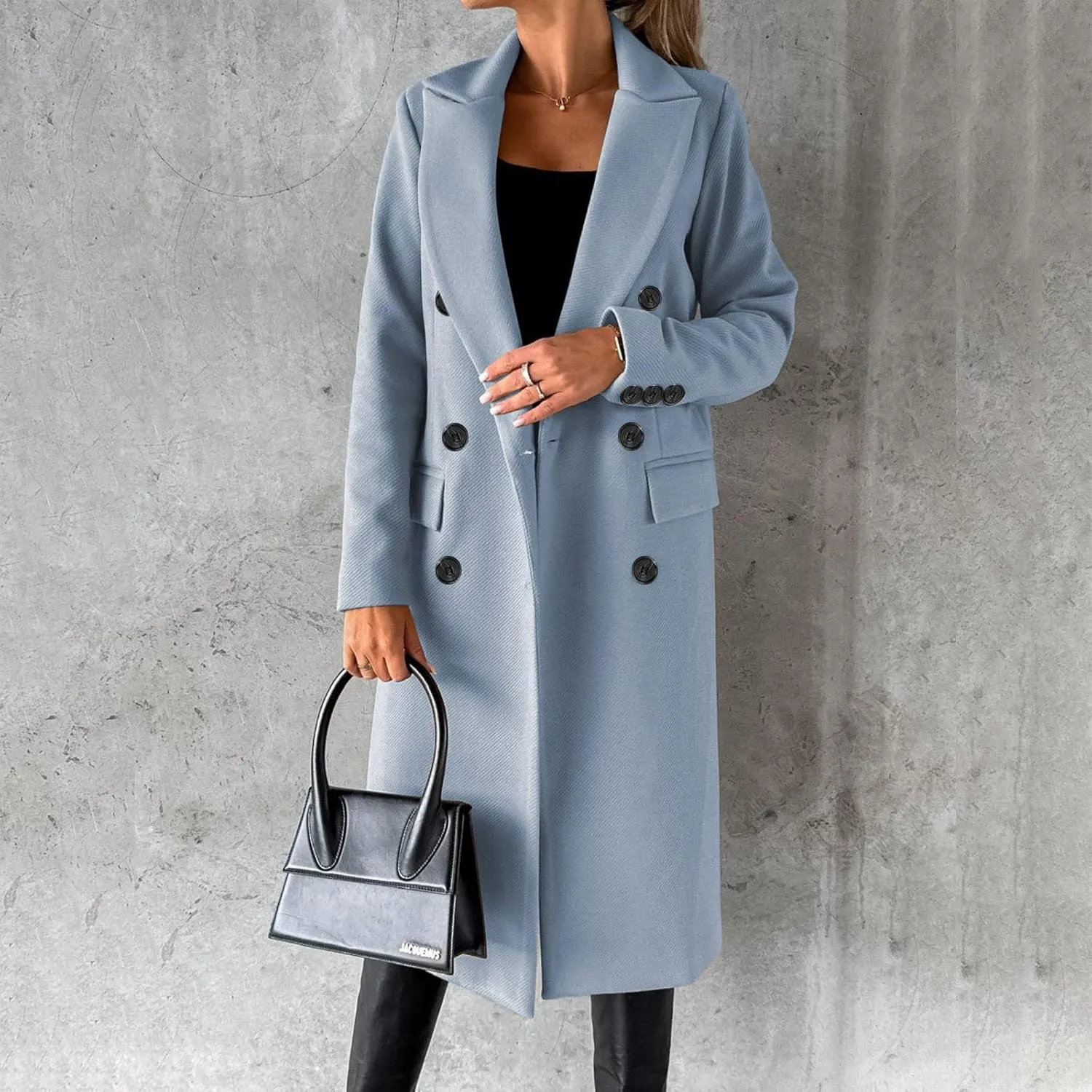 Long Trench Coat for Women Casual Double Breasted Midi Long Wool Pea Coat Notch Lapel Winter Trench Coat