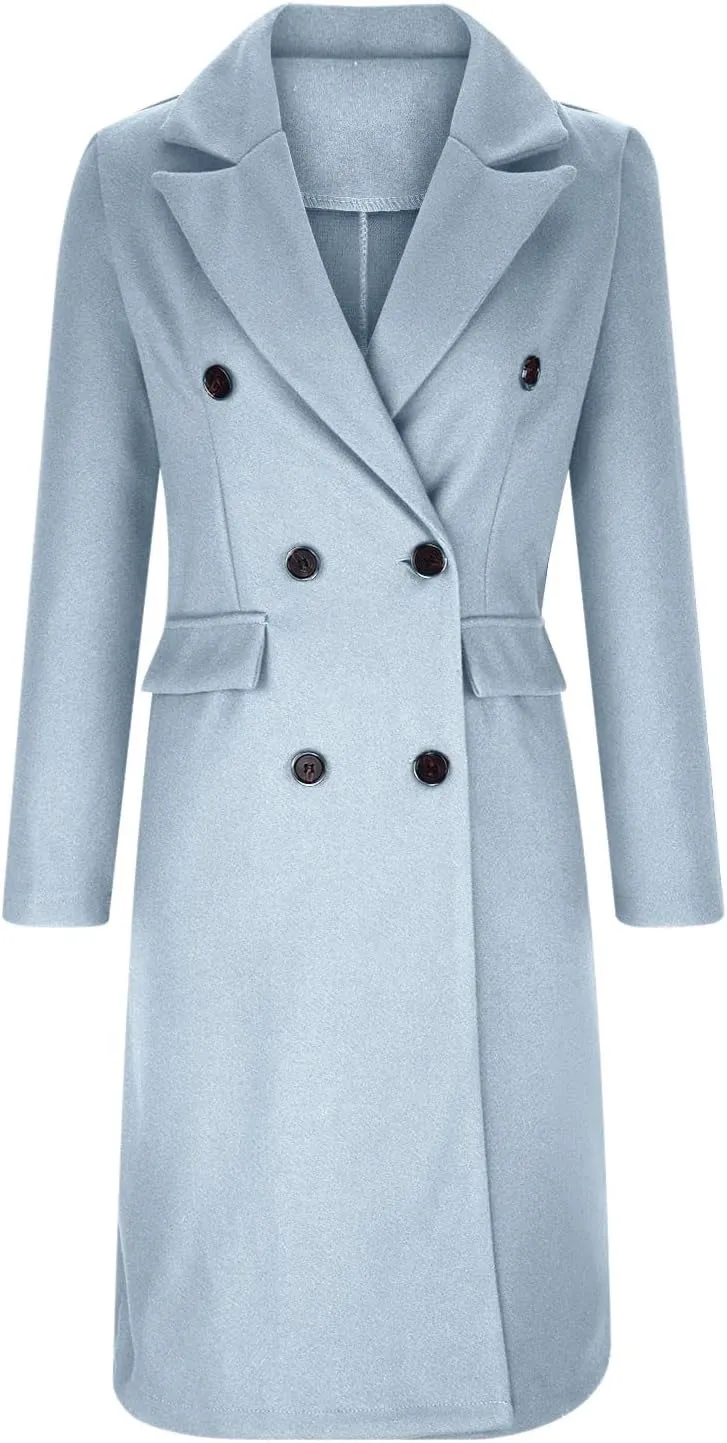 Long Trench Coat for Women Casual Double Breasted Midi Long Wool Pea Coat Notch Lapel Winter Trench Coat