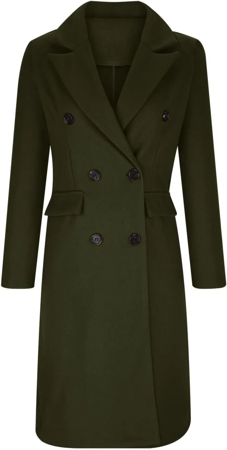 Long Trench Coat for Women Casual Double Breasted Midi Long Wool Pea Coat Notch Lapel Winter Trench Coat