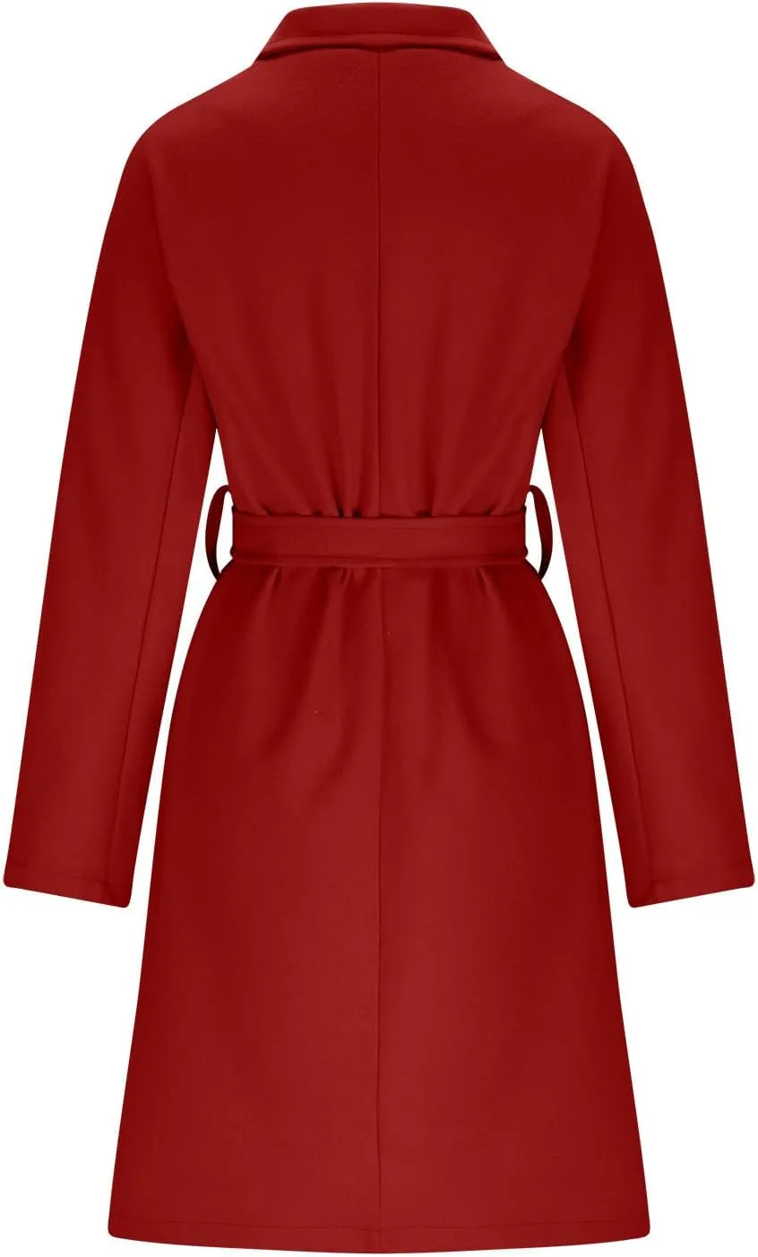 Long Trench Coat for Women Casual Double Breasted Midi Long Wool Pea Coat Notch Lapel Winter Trench Coat
