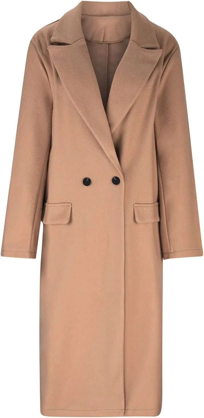 Long Trench Coat for Women Soft Wool Lapel Double Breasted Pea Coat Casual Business Solid Outwear Winter Fall Essentials