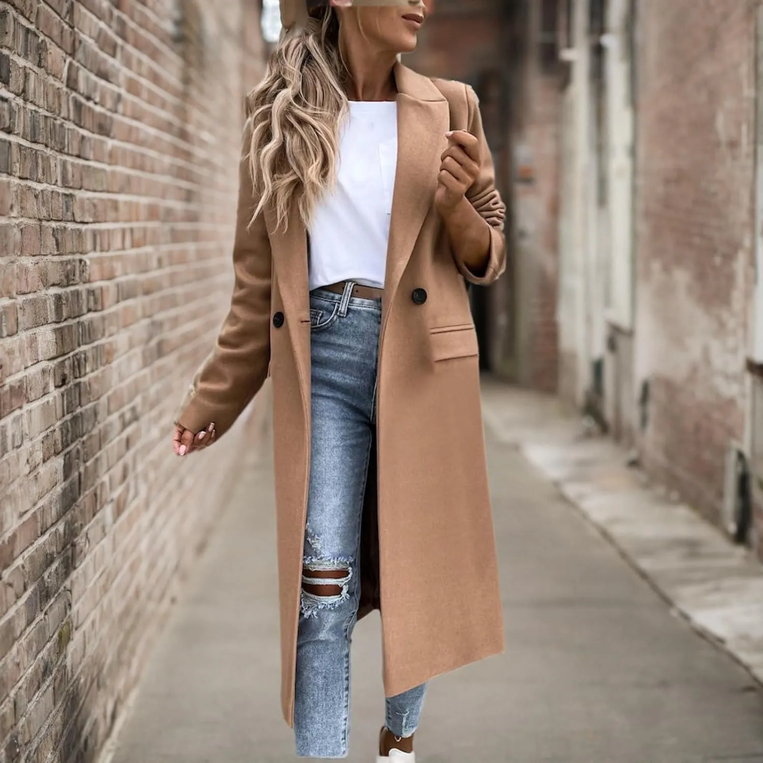 Long Trench Coat for Women Soft Wool Lapel Double Breasted Pea Coat Casual Business Solid Outwear Winter Fall Essentials