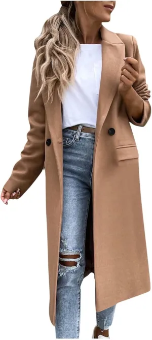 Long Trench Coat for Women Soft Wool Lapel Double Breasted Pea Coat Casual Business Solid Outwear Winter Fall Essentials