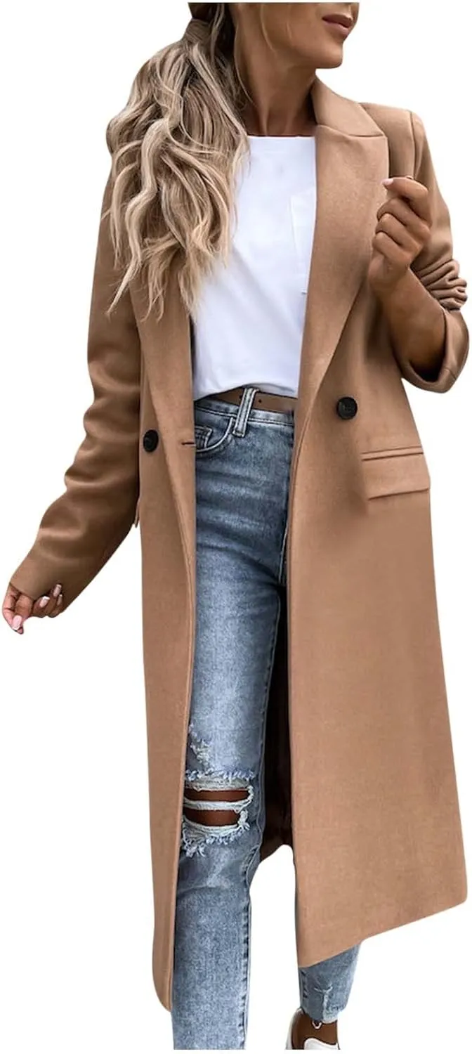 Long Trench Coat for Women Soft Wool Lapel Double Breasted Pea Coat Casual Business Solid Outwear Winter Fall Essentials