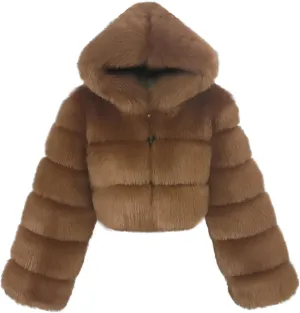 loveimgs Women Winter Fuzzy Hooded Cropped Faux Fur Jacket Puffer Coat Fluffy Parka Leather Warm Zip Up Teddy Coat