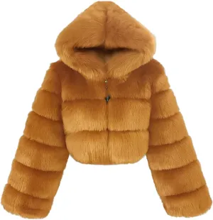loveimgs Women Winter Fuzzy Hooded Cropped Faux Fur Jacket Puffer Coat Fluffy Parka Leather Warm Zip Up Teddy Coat