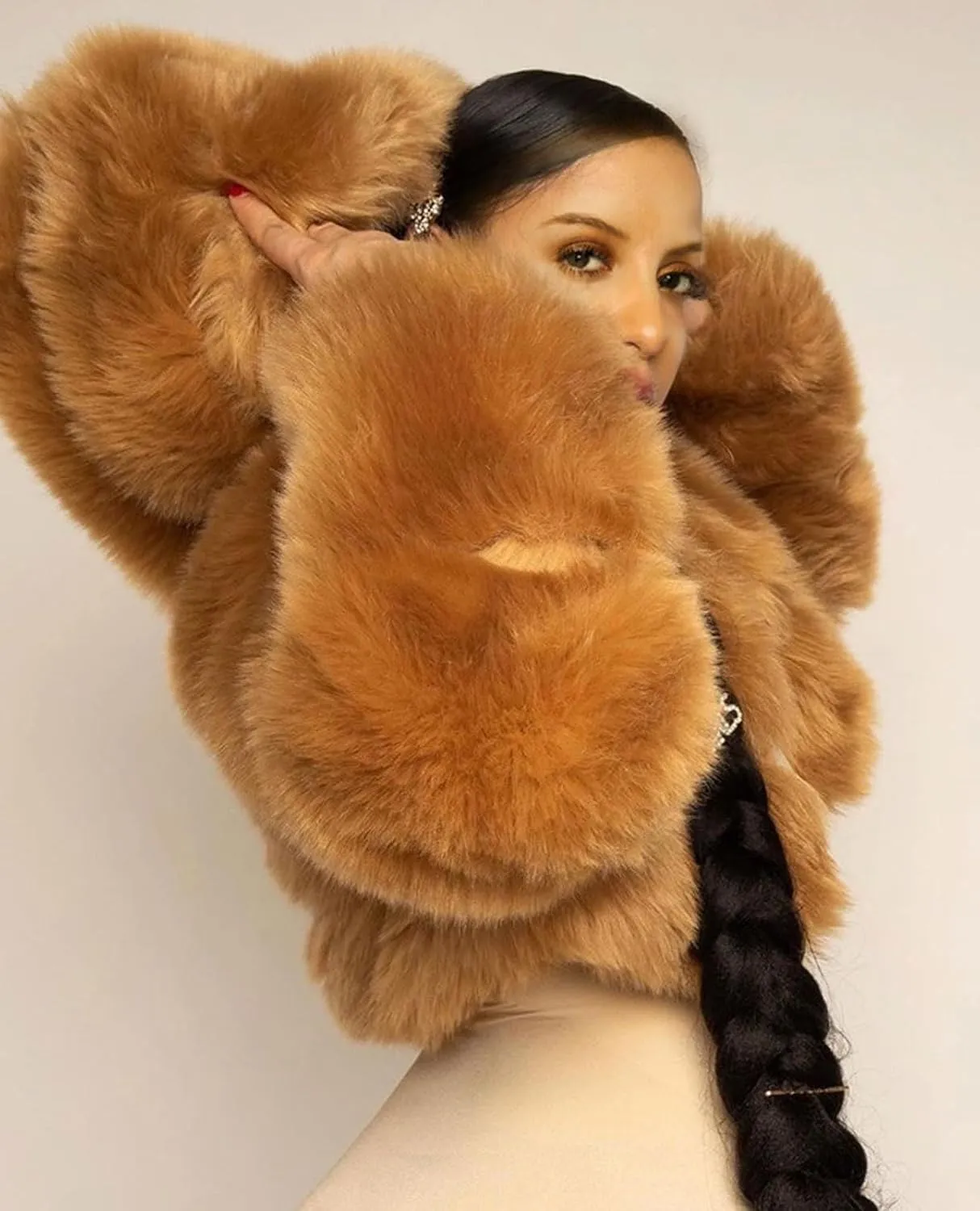 loveimgs Women Winter Fuzzy Hooded Cropped Faux Fur Jacket Puffer Coat Fluffy Parka Leather Warm Zip Up Teddy Coat