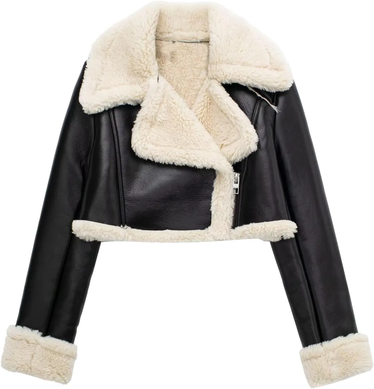 loveimgs Women's Faux Leather Shearing Winter Warm Short Coat Thick Fur Lined Faux Leather Jacket