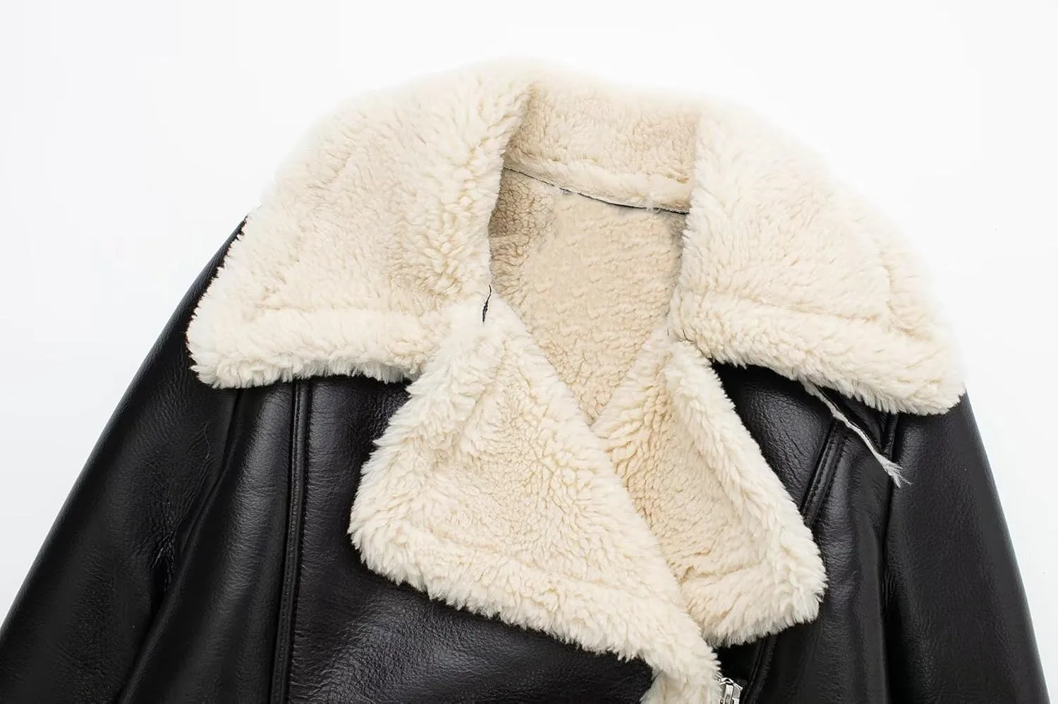 loveimgs Women's Faux Leather Shearing Winter Warm Short Coat Thick Fur Lined Faux Leather Jacket