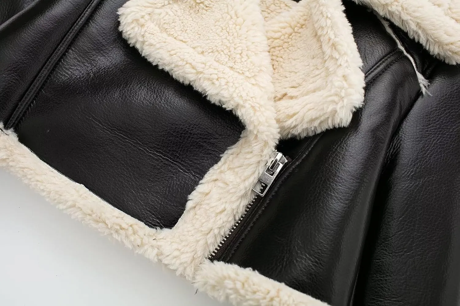 loveimgs Women's Faux Leather Shearing Winter Warm Short Coat Thick Fur Lined Faux Leather Jacket