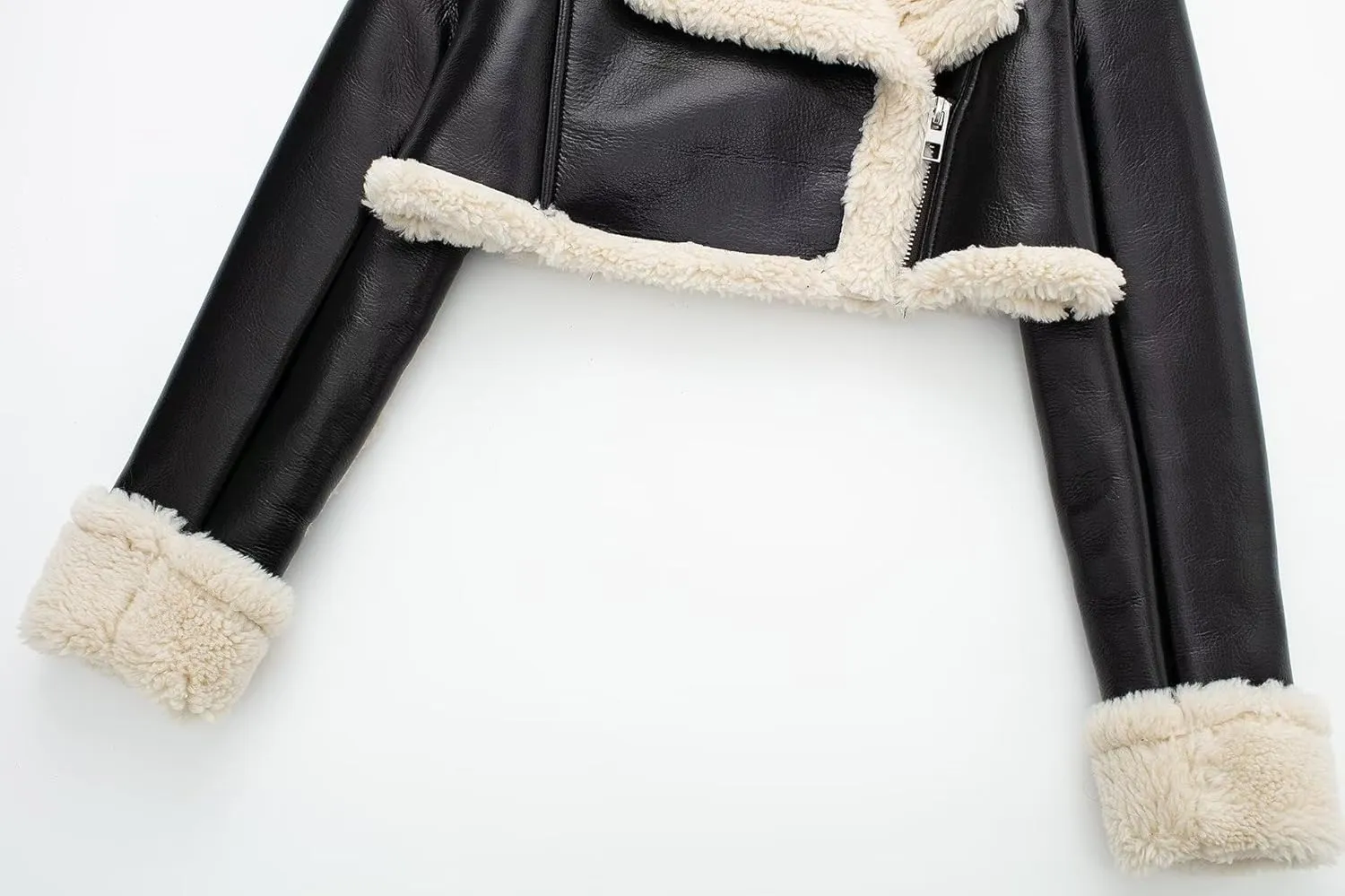 loveimgs Women's Faux Leather Shearing Winter Warm Short Coat Thick Fur Lined Faux Leather Jacket