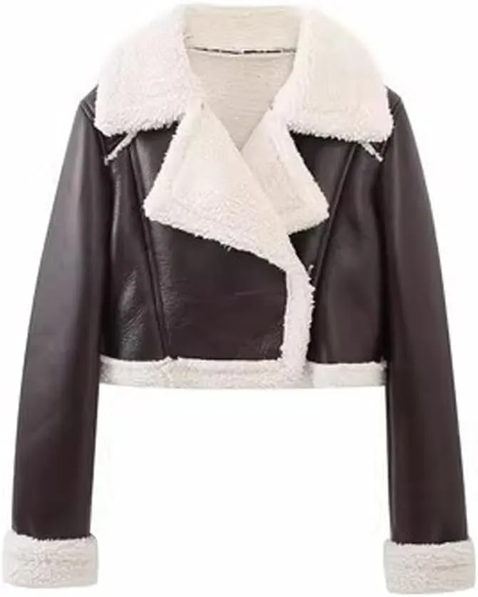 loveimgs Women's Faux Leather Shearing Winter Warm Short Coat Thick Fur Lined Faux Leather Jacket